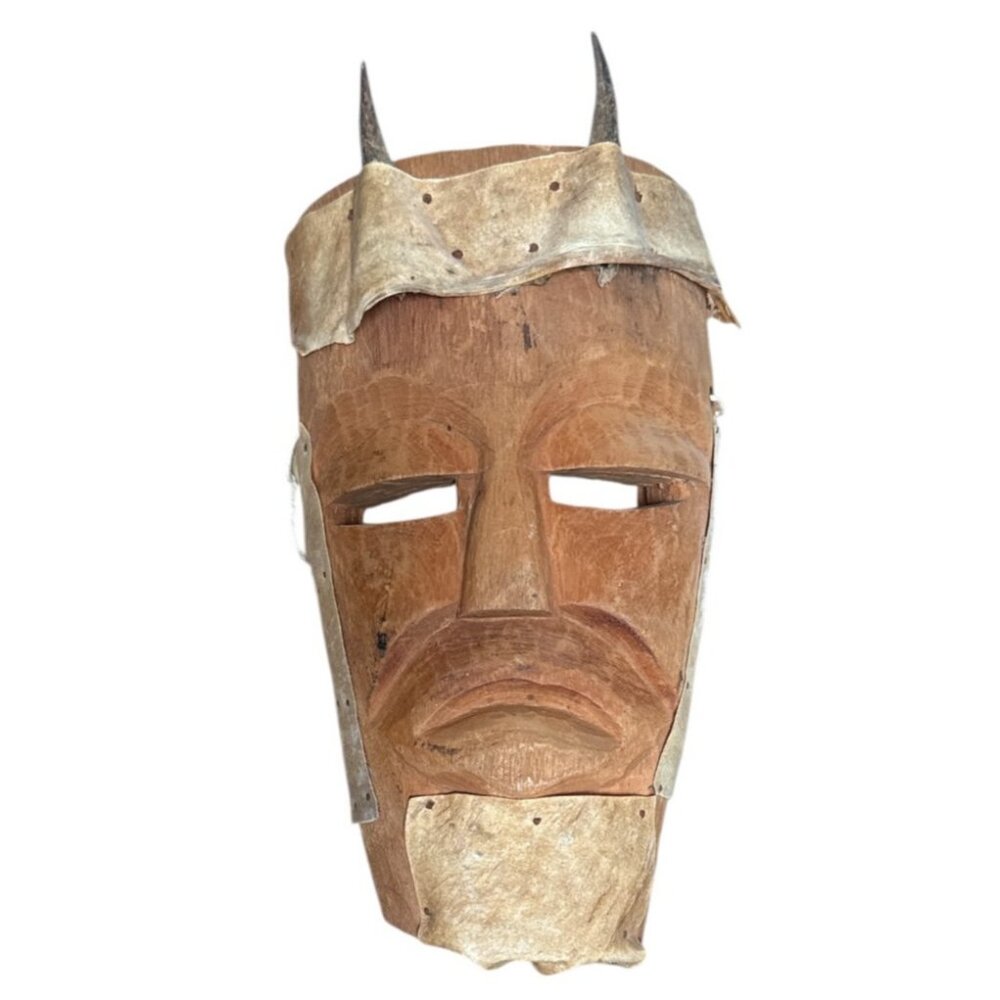 Vintage Hand-Carved African Wooden Mask with Short Horns – Tribal Wall Art 13"